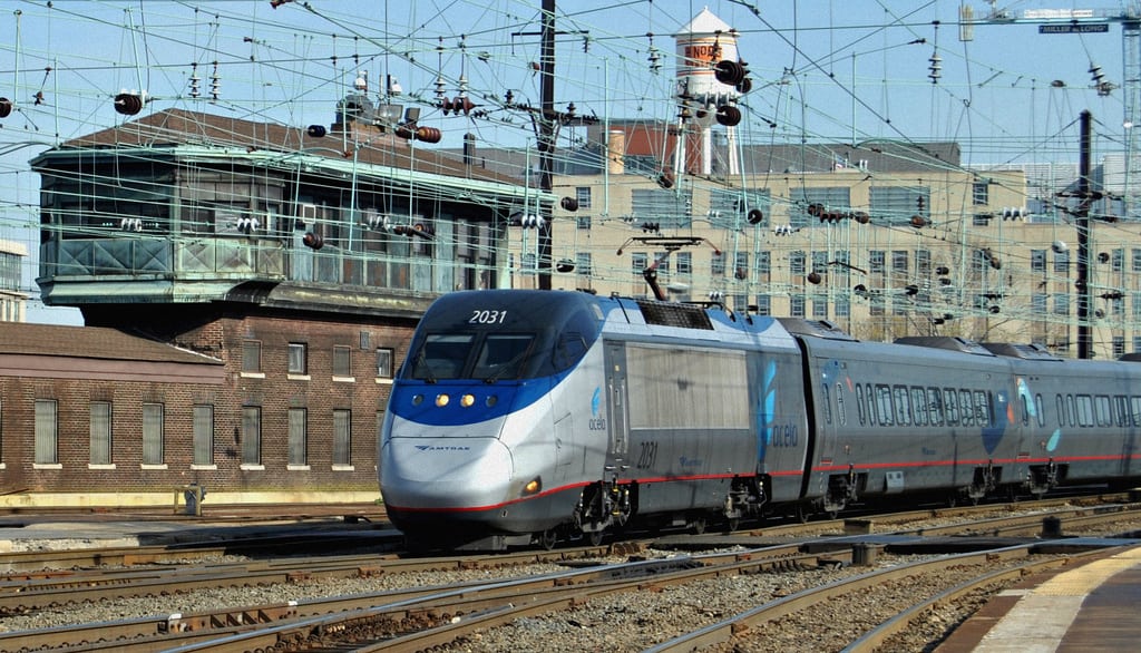 An Amtrak Acela train arrives at Union Station in Washington, D.C.