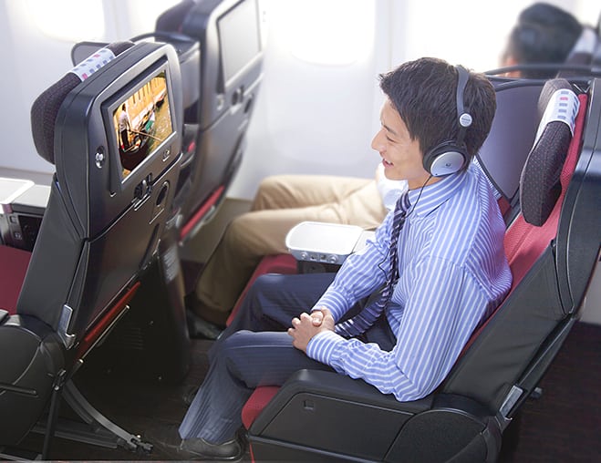 Japan Airlines Premium Economy Seat reclines forward, to avoid conflicts in the back.
