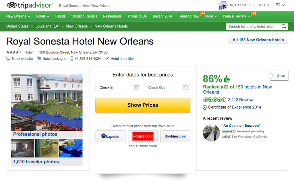 The Royal Sonesta Hotel New Orleans has more than 1000 traveler-submitted photos on TripAdvisor, and many traveler reviews include replies from hotel management.