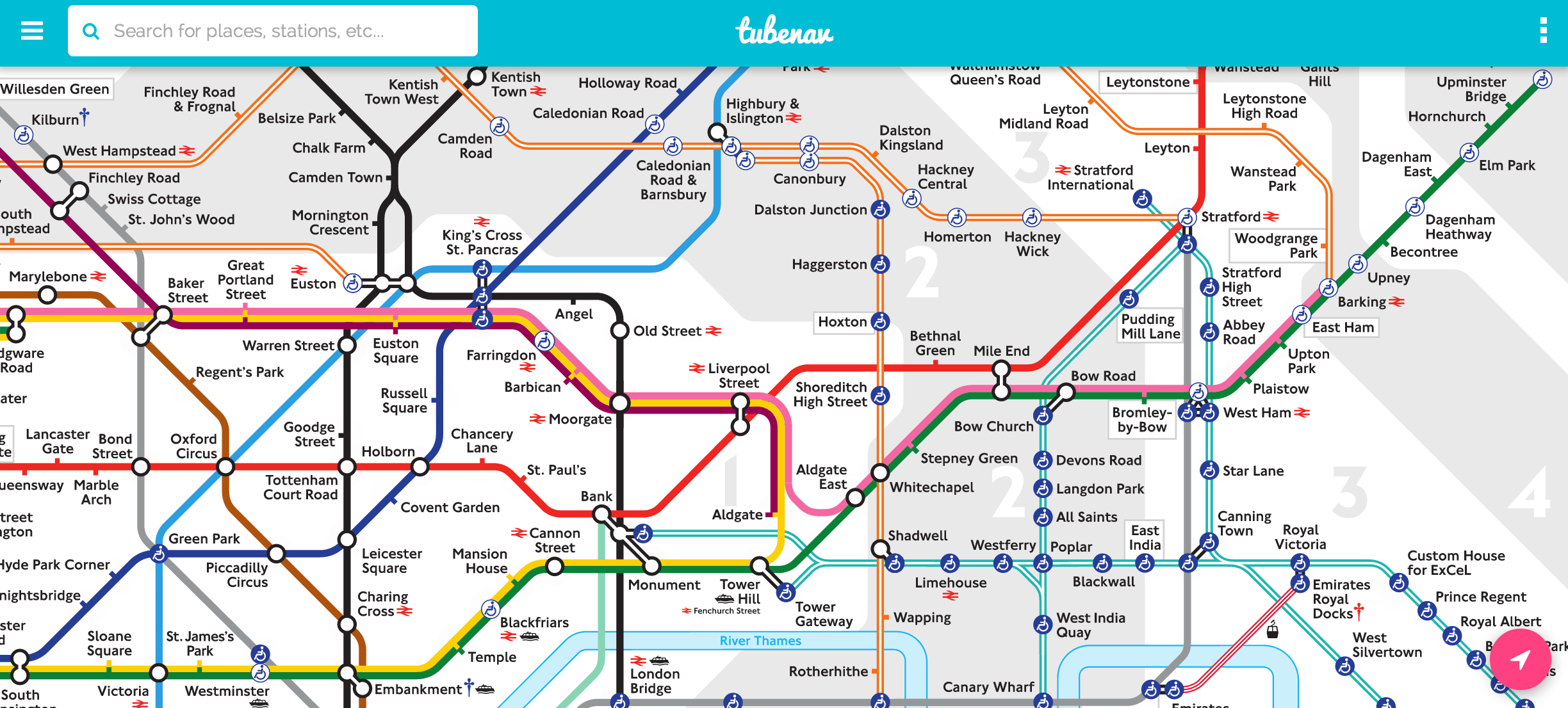 Tubenav uses the London Underground map to show users how to get to a place from a tube stop.