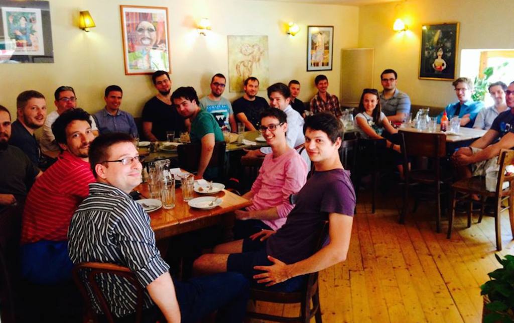 The Distinction team, which now will be receiving paychecks from Skyscanner, seen hanging out for lunch at a favorite Budapest haunt, Csiga Cafe, in July 2014.