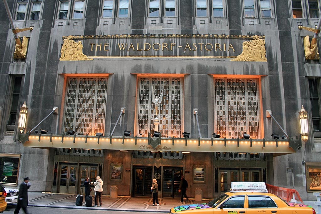 The exterior of the Waldorf-Astoria New York. 