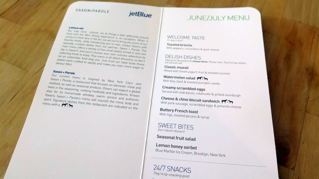 A JetBlue Mint service menu, curated from NYC restaurant Saxon + Parole.  