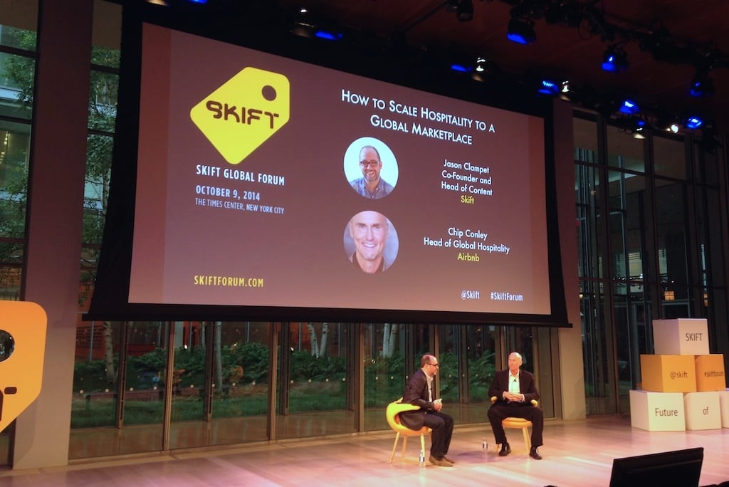 Chip Conley speaking at Skift Global Forum in New York City on Oct. 9, 2014. 