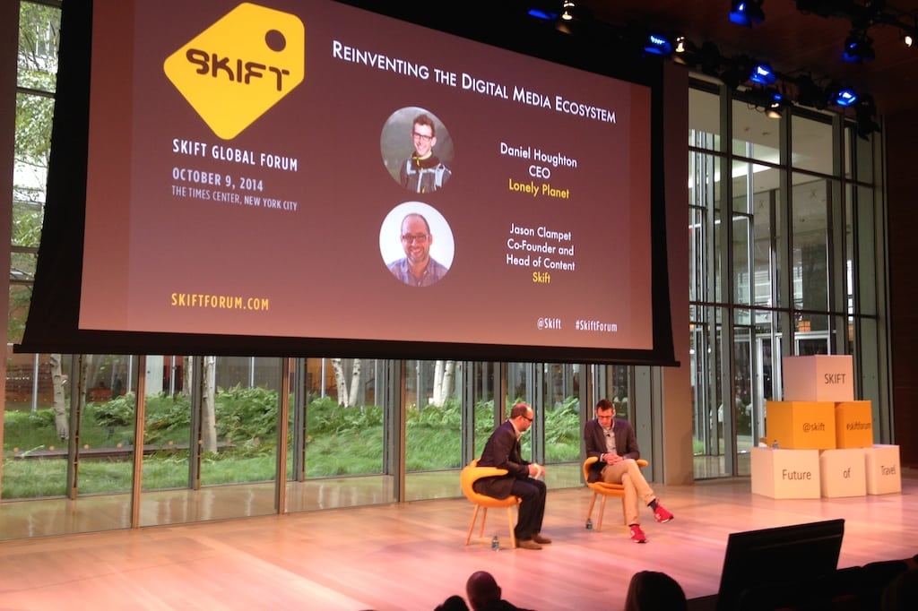 Daniel Houghton (right) speaking at Skift Global Forum in New York City on Oct. 9, 2014 with Skift co-founder Jason Clampet.