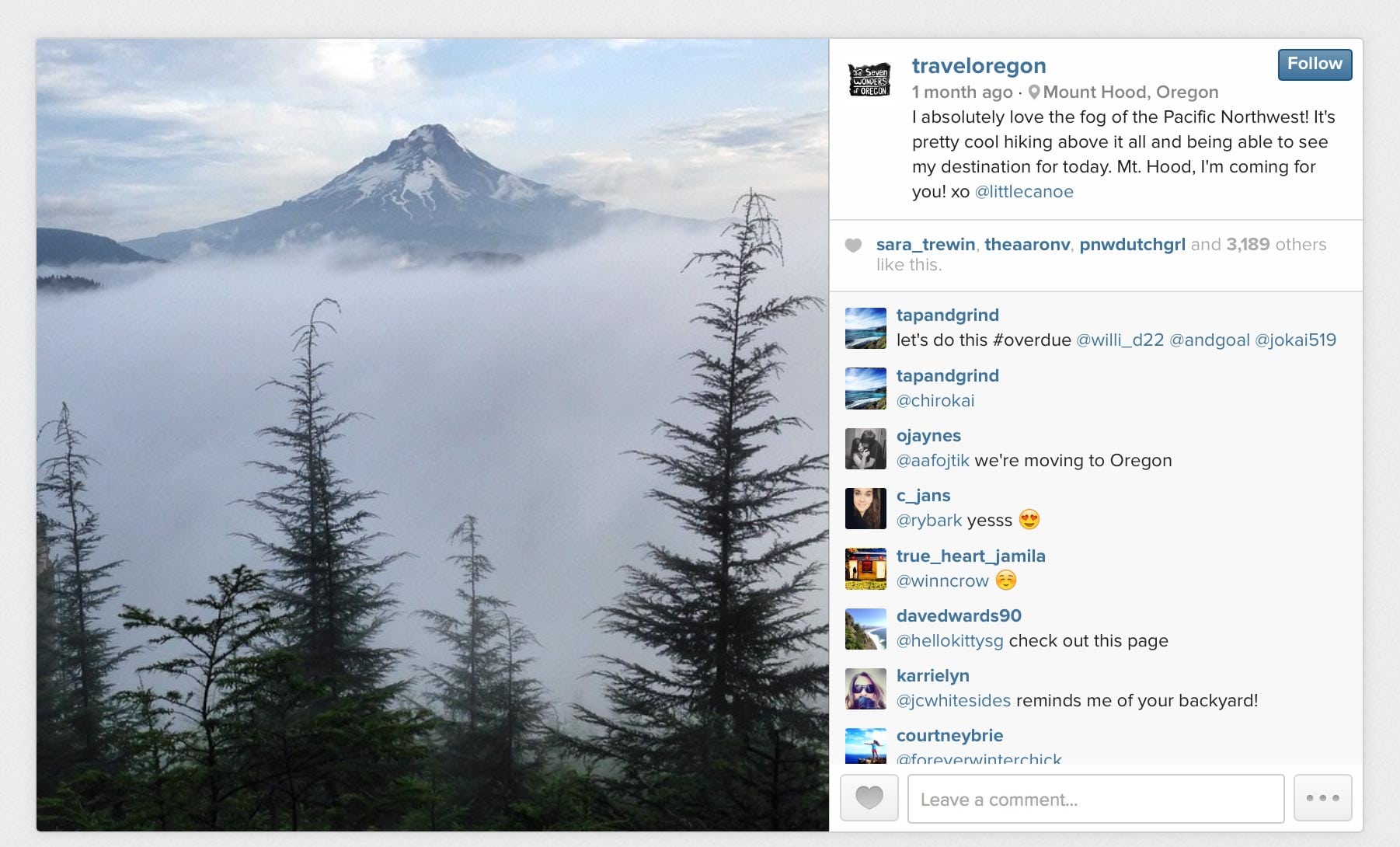 Tourism Oregon's most-liked photo on Instagram is from September of this year. 