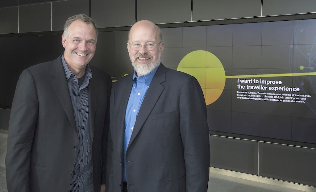 Mike Rhodin (left), senior vice president, IBM Watson Group, and Terry Jones, founder of Travelocity and founding chairman of Kayak, get set to announce the launch of WayBlazer on October 7, 2014. 