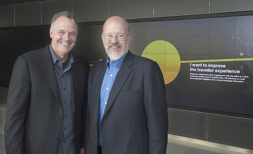 Mike Rhodin, senior vice president, IBM Watson Group, and Terry Jones (right),  founder of Travelocity and founding chairman of Kayak, announced the launch of WayBlazer on October 7, 2014. Jones spoke about WayBlazer and trip-planning at the Skift Global Forum in New York City on Oct. 9, 2014. 