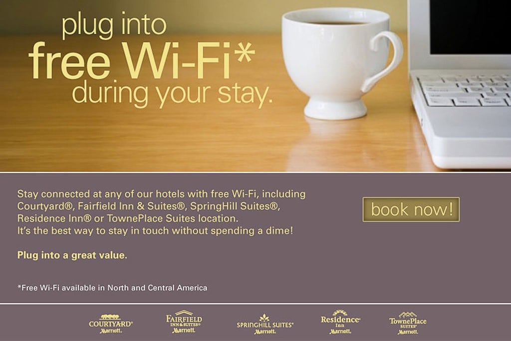 A hotel industry petition seeks to endorse the practice of jamming a property's Wi-Fi so that guests and conference attendees wouldn't be able to use their own Mi-Fi capabilities. Pictured is a Wi-Fi promotion from Marriott, which the FCC fined for jamming several months ago.