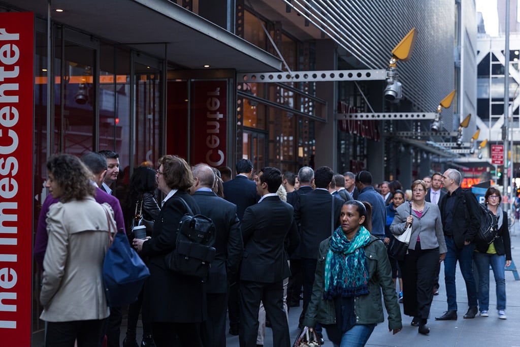 Attendees line up to enter the the Skift Global Forum in New York City October 9, 2014. More conferences and events are confronting issues with last-minute attendee registration. 
