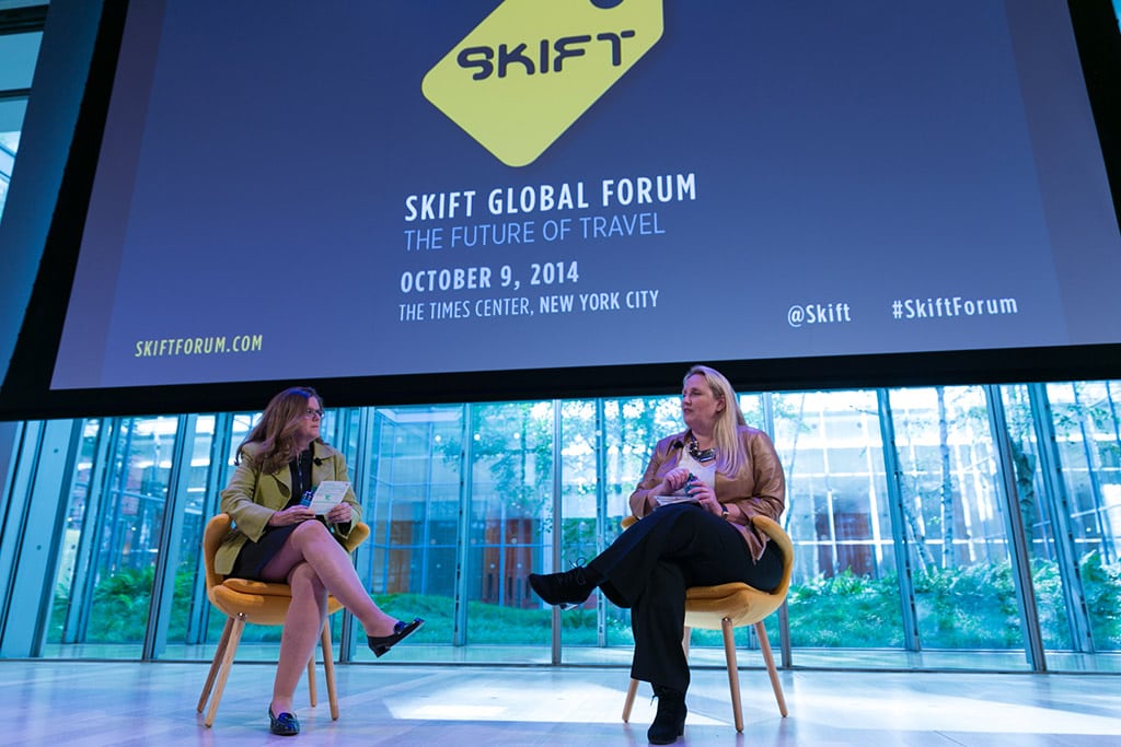 Elizabeth Osder (L) interviewing Karin Timpone, Global Marketing Officer, Marriott International (R), at the Skift Global Forum in New York City on October 9, 2014. 