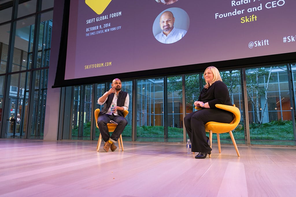 Rafat Ali, CEO of Skift (L) interviewing Barbara Messing, CMO of TripAdvisor (R) at the Skift Global Forum in New York City on October 9, 2014. 