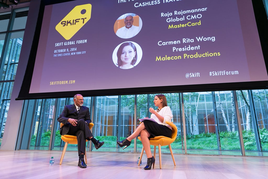 Carmen Rita Wong (R) interviewing Raja Rajamannar, Global CMO of MasterCard, at the Skift Global Forum in New York City on October 9, 2014.  