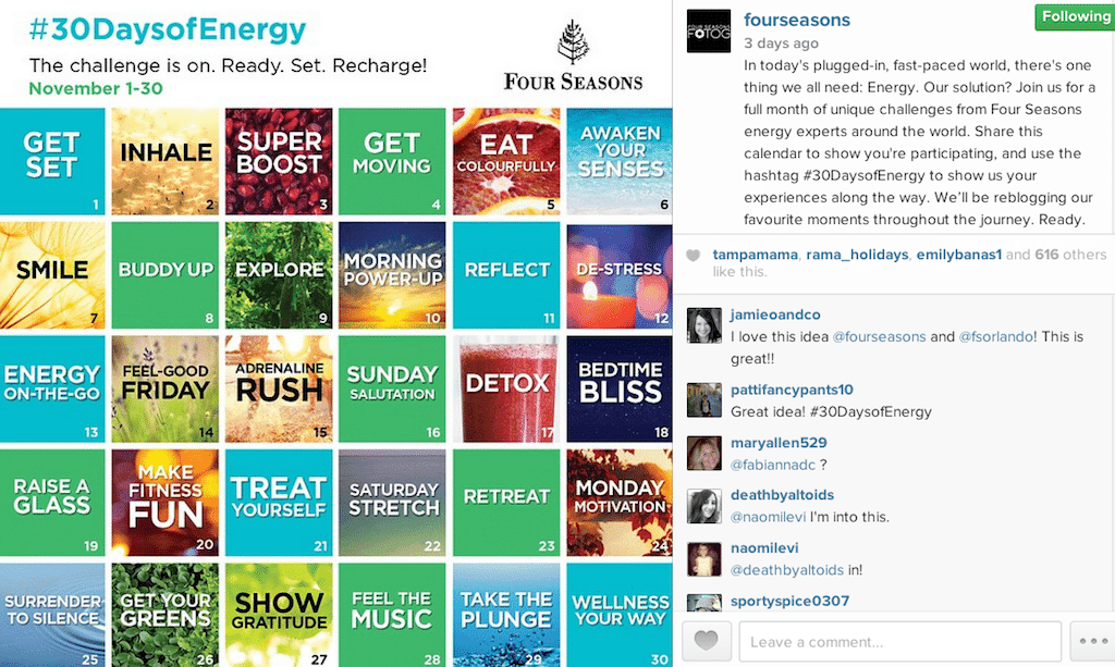 Four Seasons lays out a month of healthy activities as part of its #30DaysofEnergy challenge. 