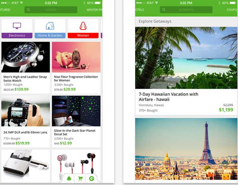 Groupon launched a standalone travel app called Getaways. Pictured (at right) is the existing travel offering within the main Groupon app.