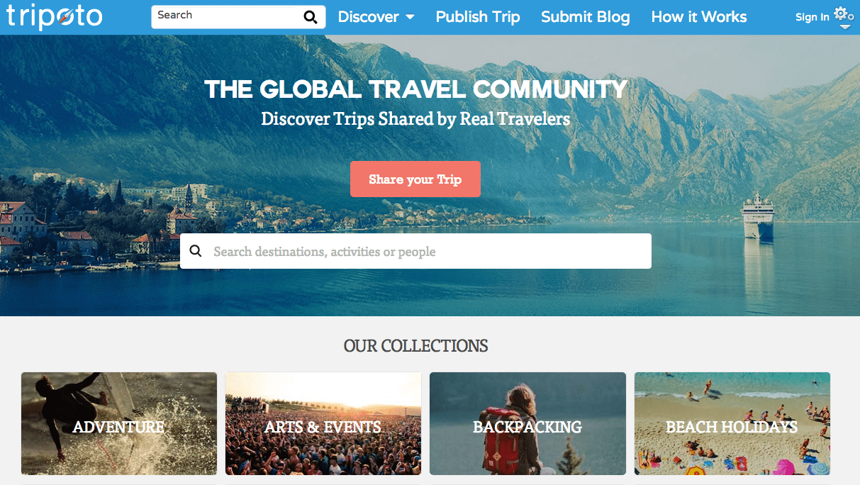The homepage of travel startup Tripoto. 