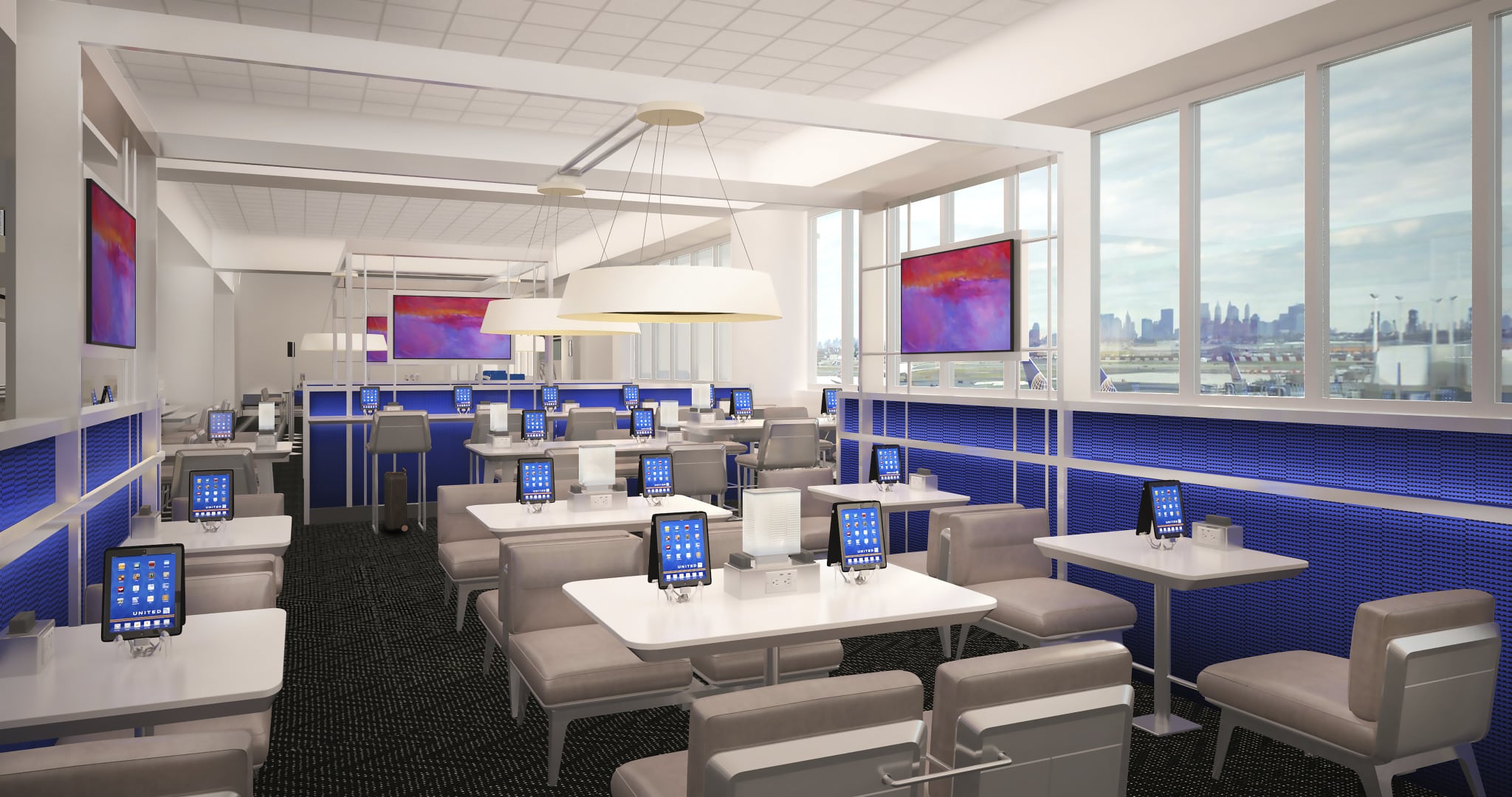 A rendering of iPads at a gate area of Newark's Terminal C, part of United Airlines and OTG's $120 million redesign project at the terminal.