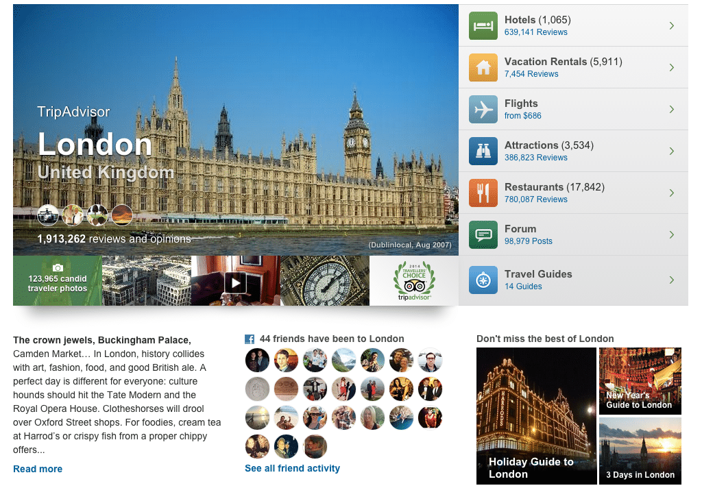 The homepage for TripAdvisor reviews of London. 