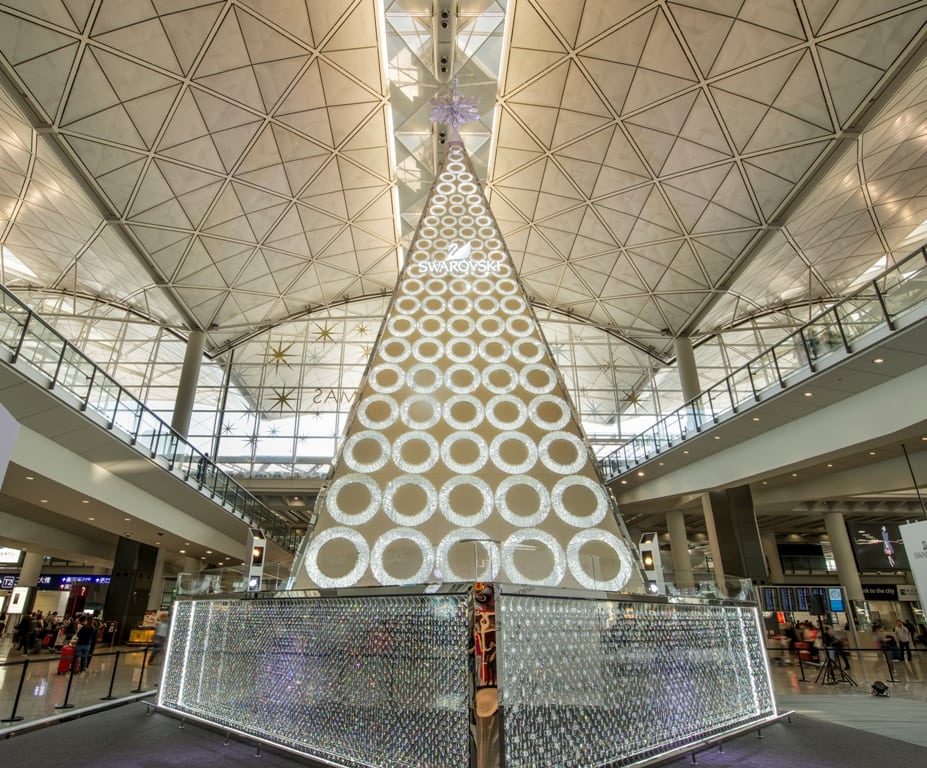 A Swarovski Christmas tree shines at Hong Kong International Airport.