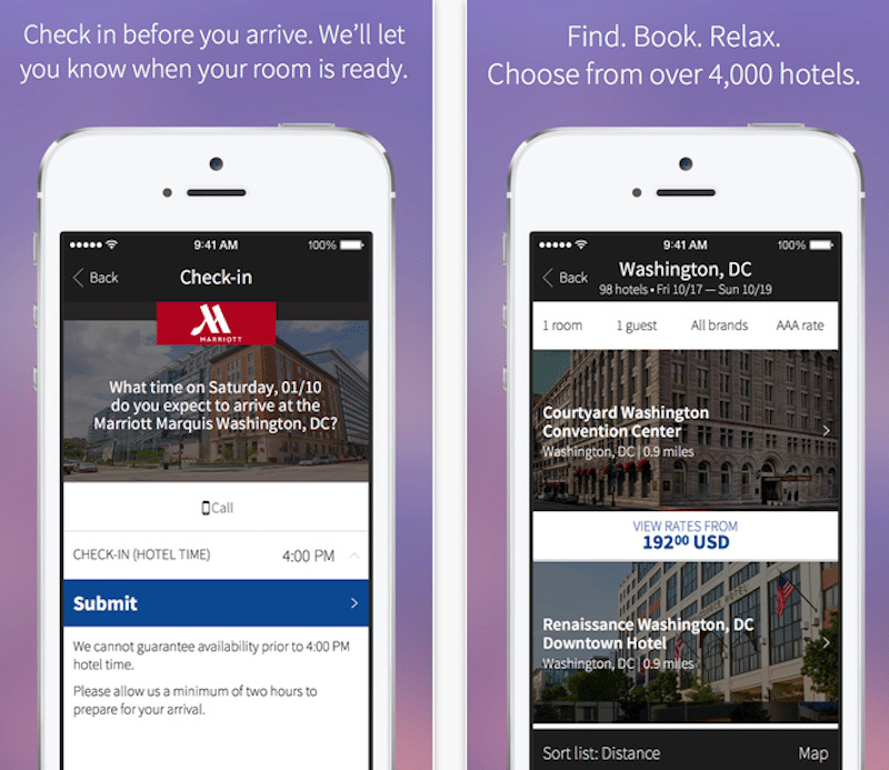 Marriott's revamped mobile apps expand the number of properties where mobile check-in features are available. Pictured is Marriott's iOS app.
