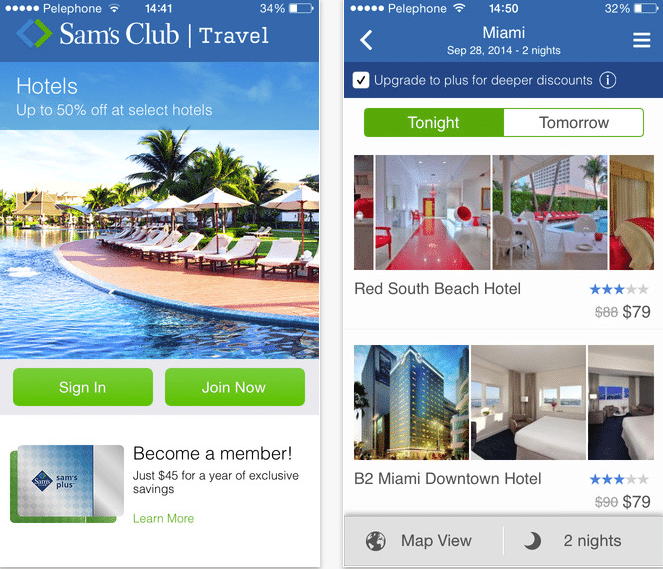 The iOS version of the new Sam's Club Travel app.