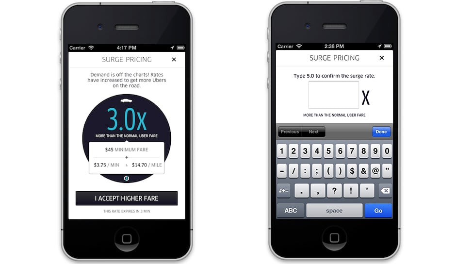 The surge pricing confirmation screens users must confirm before hailing a car. 
