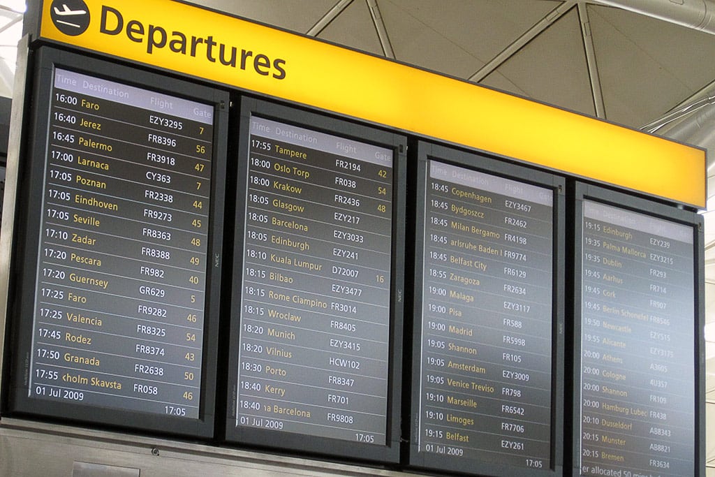 A departures board at London's Stanstead Airport. 