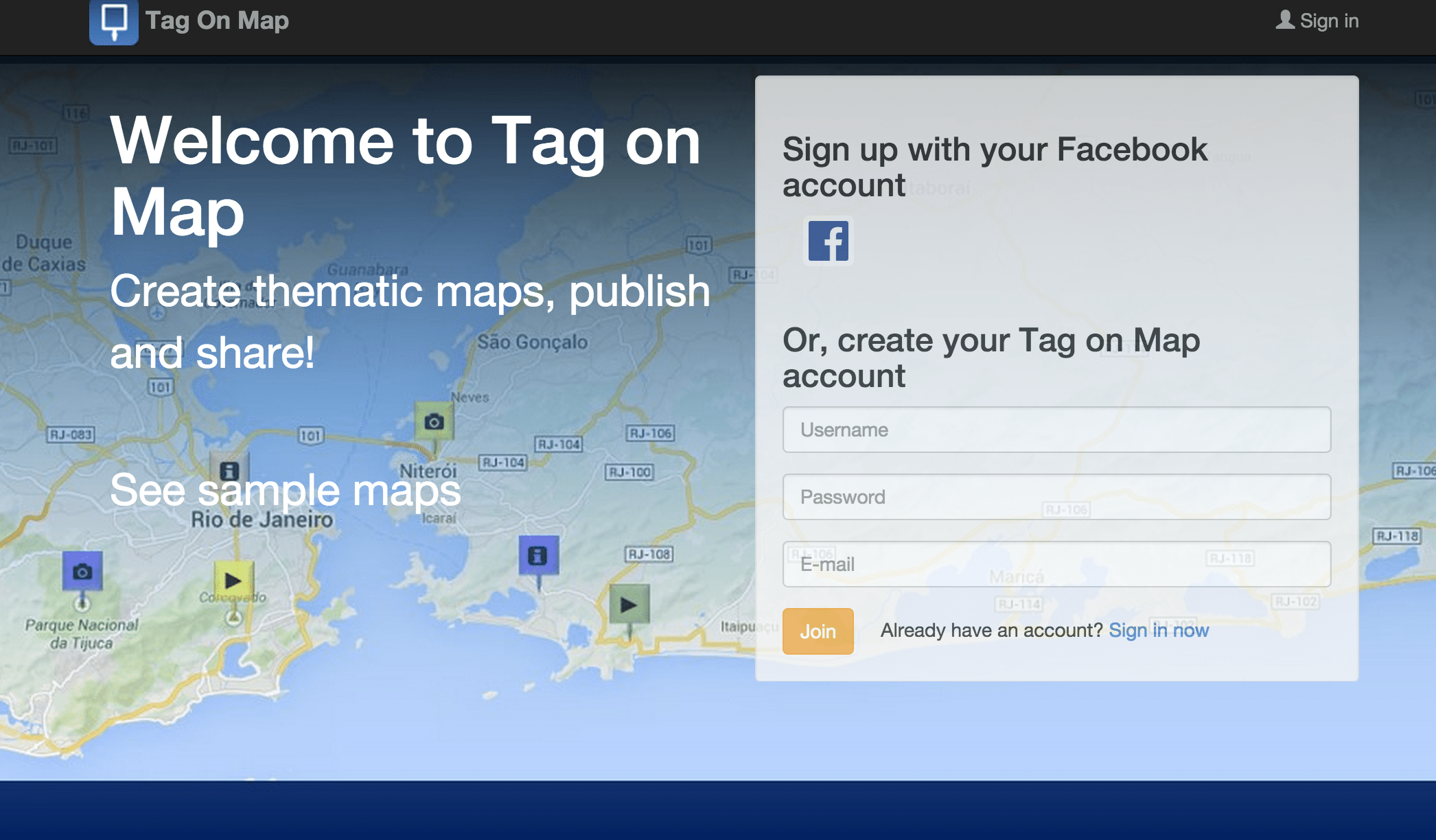 Tagonmap.com is a map-based social media platform. Users can tag the exact location of their videos, photos, texts and links on the dynamic map (Google Maps) by means of special map markers.