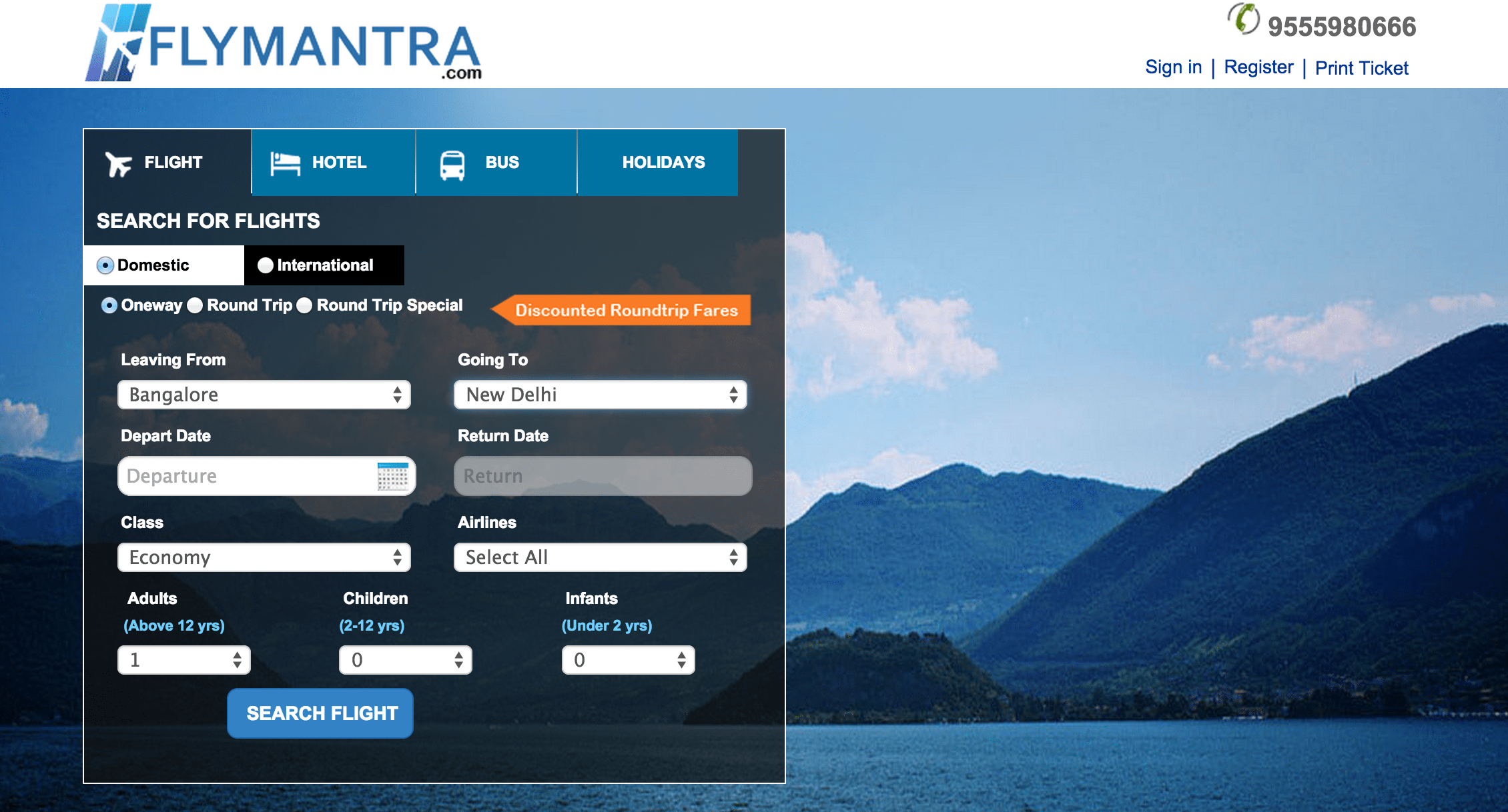 FlyMantra is a booking site for flights, hotels and busses in India.