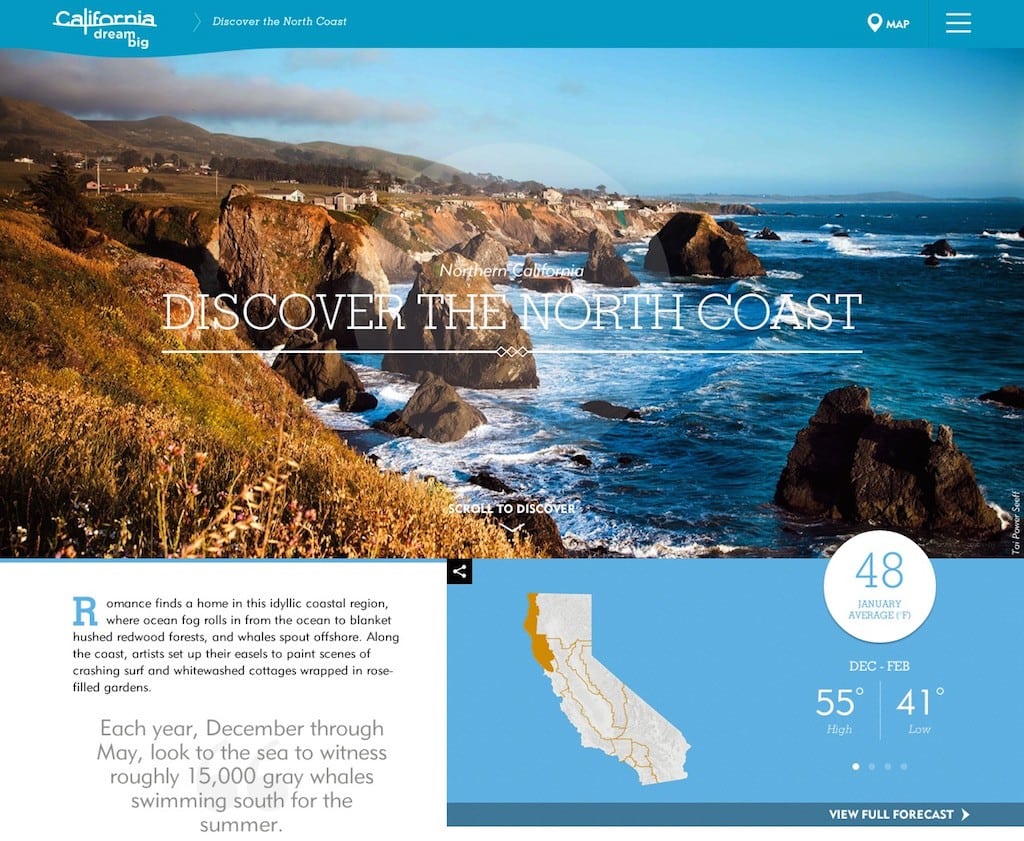 The VisitCalifornia.com pages link to thousands of third-party sites, such as weather.com above.