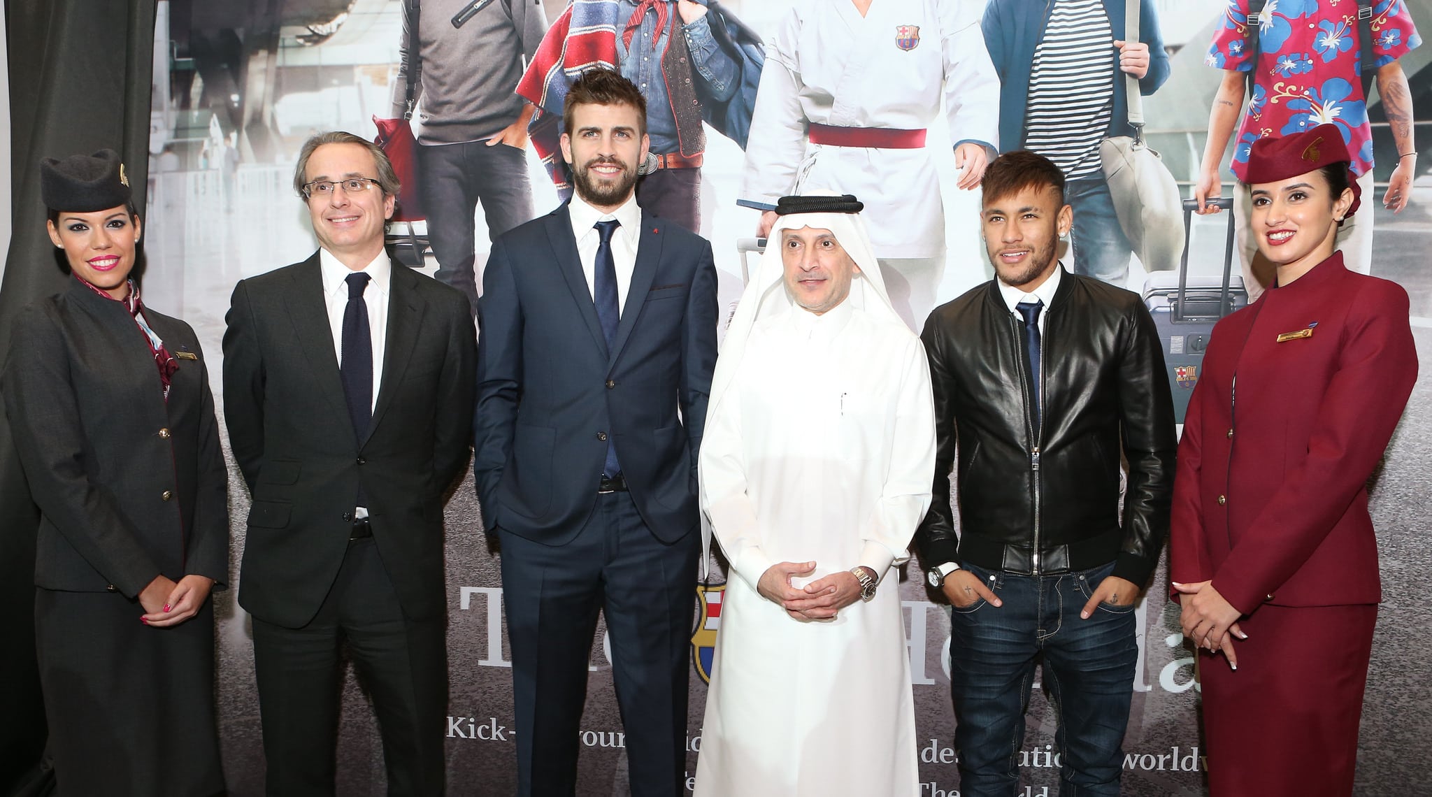 Qatar Airways Group CEO His Excellency Mr. Akbar Al Baker and Vice President Economic and Strategic Area of FC Barcelona Mr. Javier Faus with two of FCB’s First Team players, Gerard Piqué and Neymar Jr at a press conference.