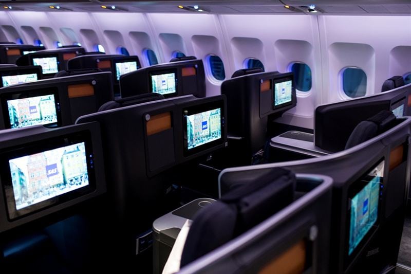 Business-class seats on SAS, which feature  15" HD in-flight entertainment screens. 