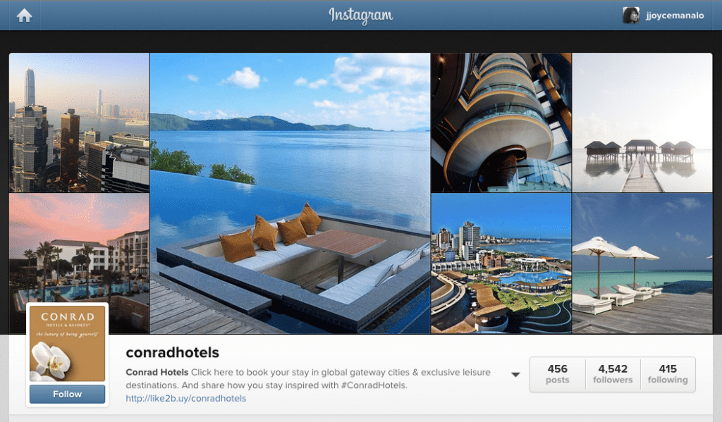 Conrad Hotels and Resorts Like2Buy link in the Instagram description points to a microsite with clickable snaps.