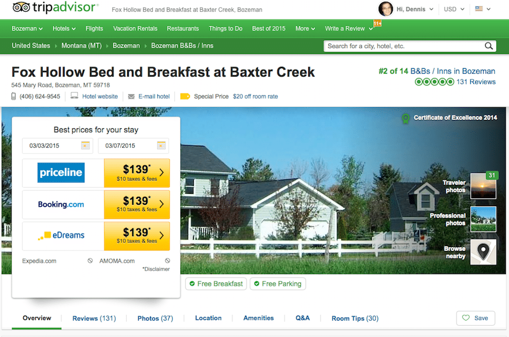 The TripAdvisor Business Listing for Fox Hollow Bed and Breakfast at Baxter Creeks in Bozeman, Montana displays its address, phone number, a link to the hotel website and a promotion offering $20 off the room rate.