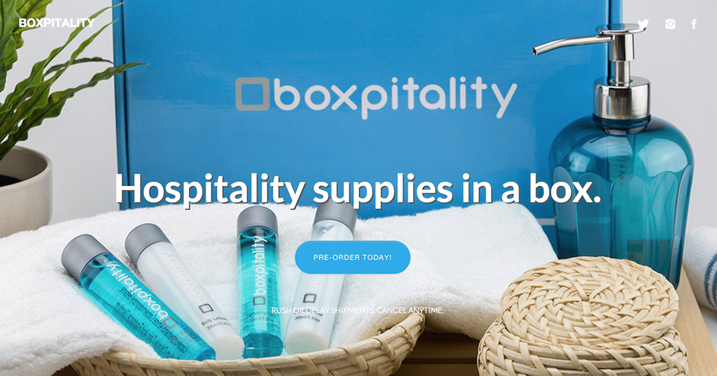 Boxpitality is a subscription service providing hospitality supplies to Airbnb hosts.