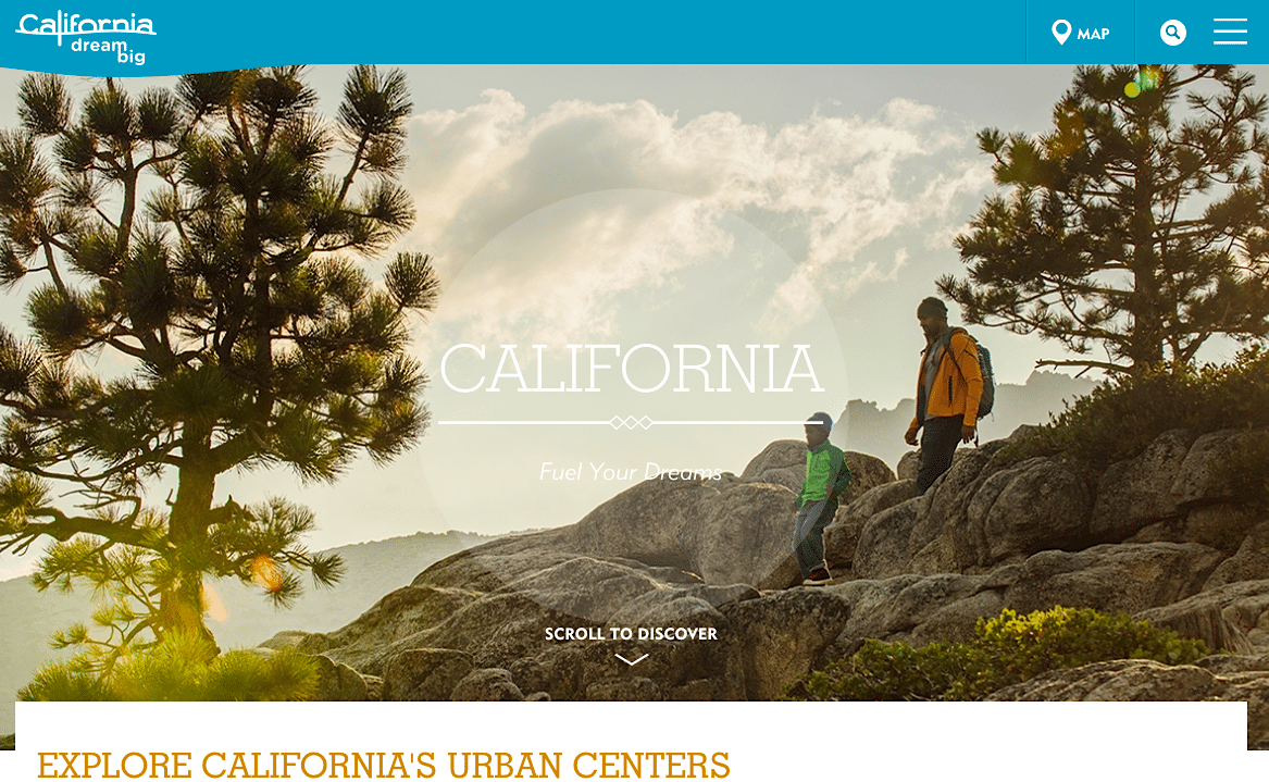 The homepage of Visit California. 