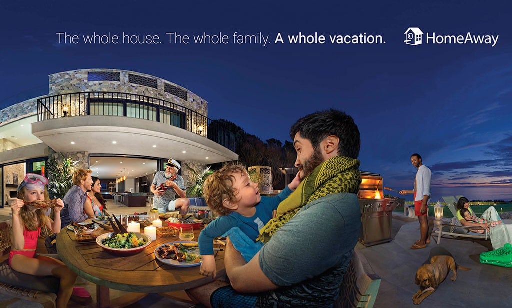 A screenshot from HomeAway's 2015 video campaign about vacation rentals being the ideal accommodation for 'a whole vacation.'