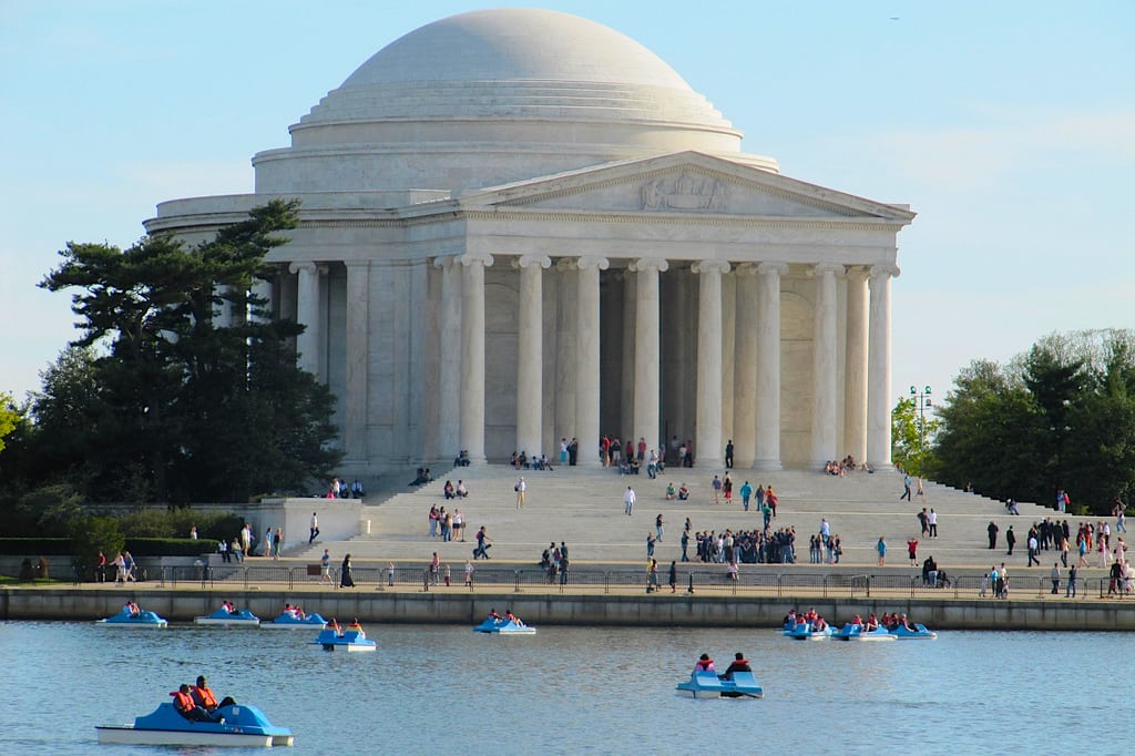 Tourists gather around the Thomas Jefferson Memorial in Washington, D.C.