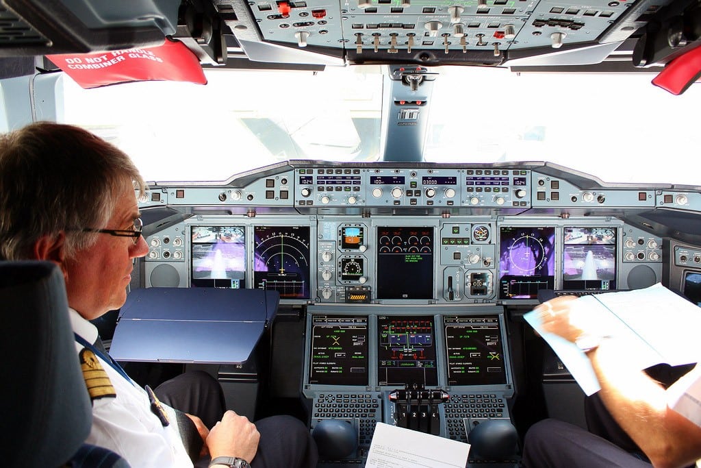 Pilots in the cockpit of an Air France Airbus A380. 