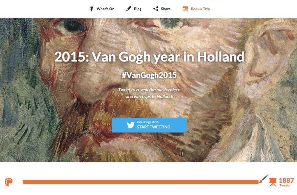 The Netherlands Board of Tourism and Conventions each week reveals a new masterpiece by Van Gogh provided that consumers reach a hashtag goal.