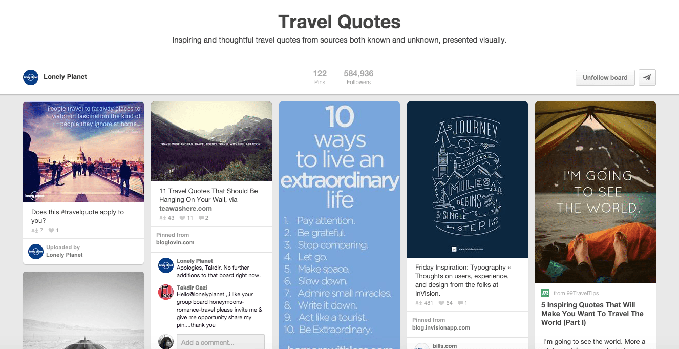 Lonely Planet's Pinterest board that uploads content from its website and repins others' pins of stylized travel quotes.