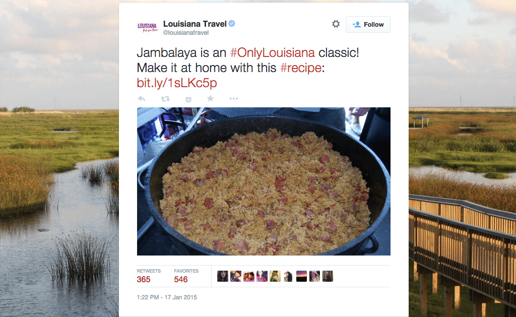 A promoted tweet about Jambalaya with photo and a link to its recipe.