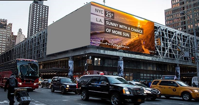 LA Tourism's outdoor digital ad compares the temperature in cold-weather cities to the temperature in LA.