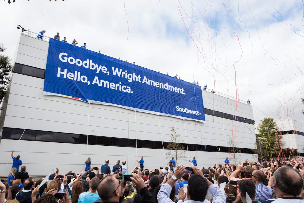 Southwest Airlines headquarters employees celebrate the end of the Wright Amendment at Dallas Love Field. The Wright Amendment ended on Monday, Oct. 13 2014, allowing non-stop flights to anywhere in the U.S. from Dallas Love Field. 