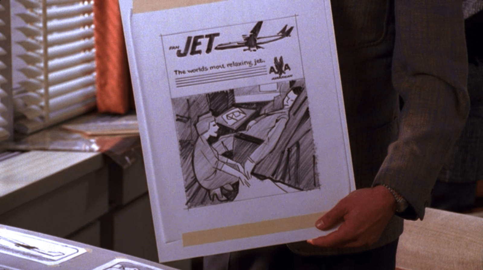 The episode begins when an American Airlines Boeing 707 on its way to Los Angeles crashes shortly after takeoff from Idlewild (now New York's JFK), killing all onboard.  Don immediately moves into damage control for their client, the small regional line Mohawk Air. "We don't want people opening their morning paper seeing a Mohawk ad next to a picture of a floating engine," Don says. "The rest of you stop crying and figure out how we're going to hit the ground running in three weeks with new work." 