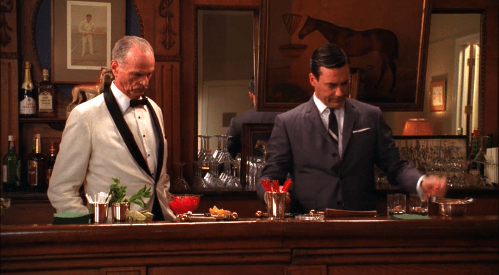Conrad Hilton makes his appearance. He and Don get to know one another while hiding out behind a bar during a weekend party. Don doesn't yet know that the father of modern hotels will become a father figure of sorts for the rest of the season.