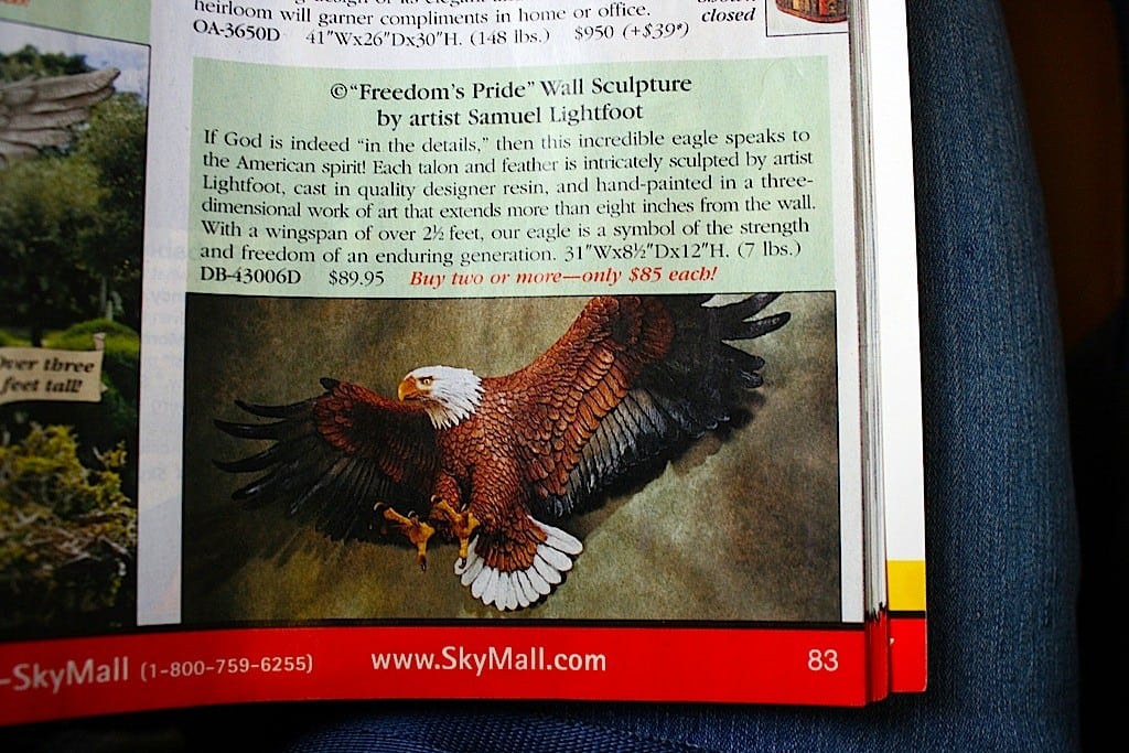 An eagle wall sculpture is just one of the many curious products inside SkyMall's in-flight magazine.