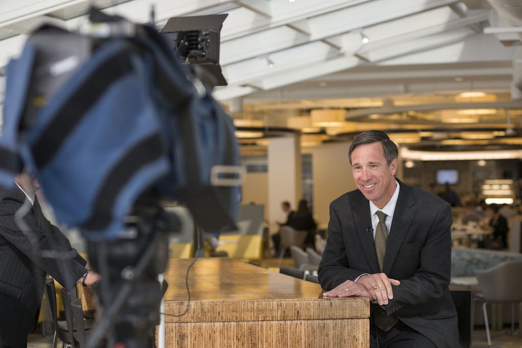 Marriott CEO Arne Sorenson prepares for a TV interview. He spoke today from Havana, Cuba about his company's improved bid for Starwood Hotels and Resorts. 