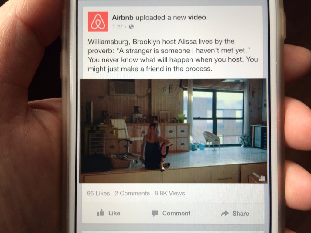 One of Airbnb's branded videos seen in-post on Facebook's News Feed on a smartphone.