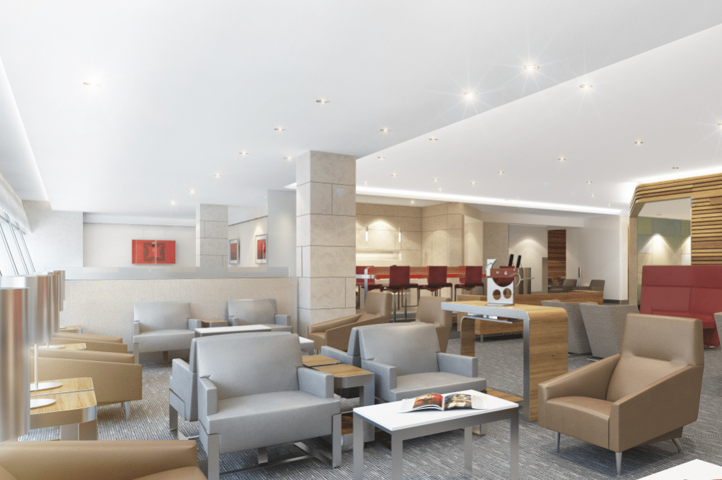 Rendering of sitting area with bar at American Airlines new Admirals Club lounges. Lounges are often still a perk for high-tier loyalty members, but even they are losing out to rival accommodations from third parties including American Express. 